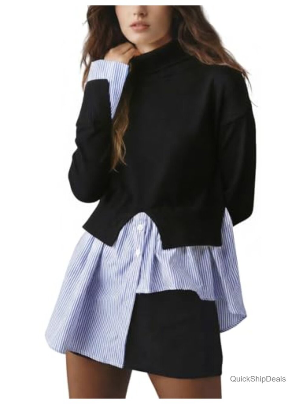 Turtleneck Sweater Asymmetrical 2 in 1 Slit Patchwork Pullover Button Down